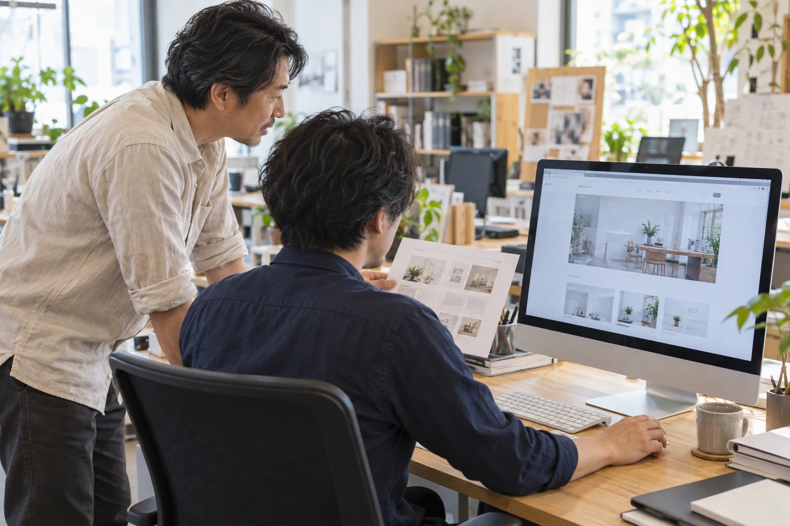 制作画面と資料を見ながら相談するイメージ